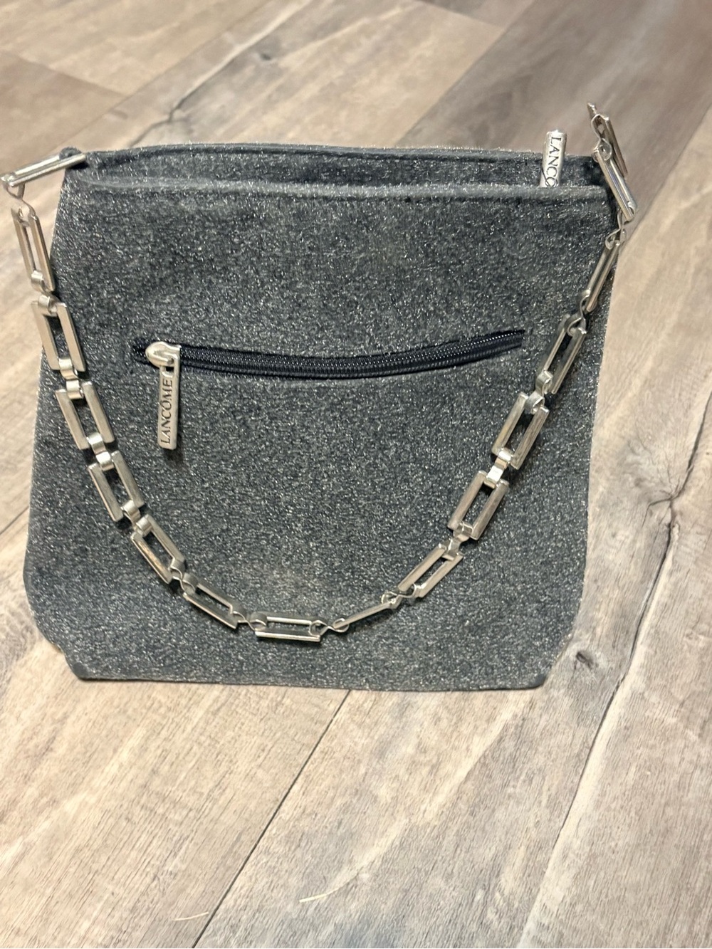 Lancôme Paris Grey Shimmer Glitter Felt Chain Strap Shoulder Bag Purse